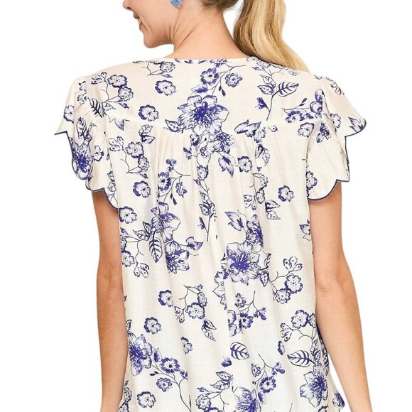 Blue and White Floral Blouse Spring Blouse Work Top Workwear - Picture 3 of 3